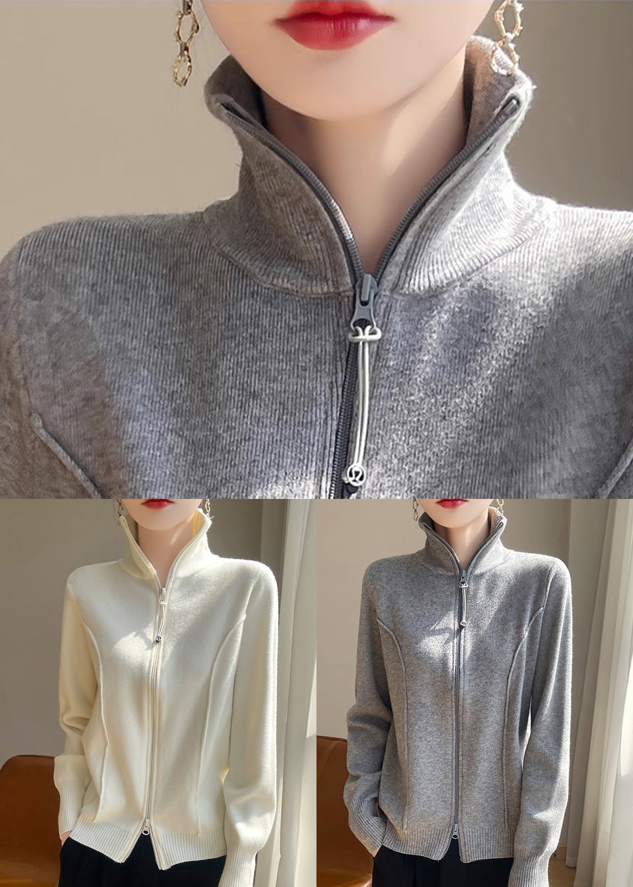 Slim Fit White Stand Collar Zip Up Solid Knit Coats Fall