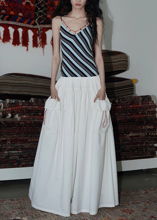 Slim Fit White Striped Pockets Patchwork Cotton Spaghetti Strap Dress Sleeveless