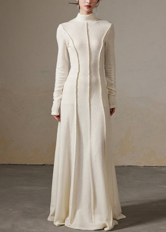 Slim Fit White Turtleneck High Waist Cotton Long Dress Winter