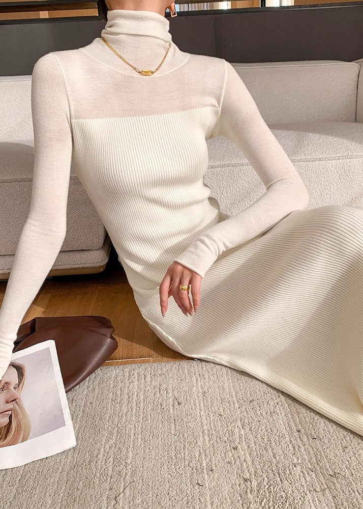 Slim Fit White Turtleneck Solid Knit Long Dress Winter