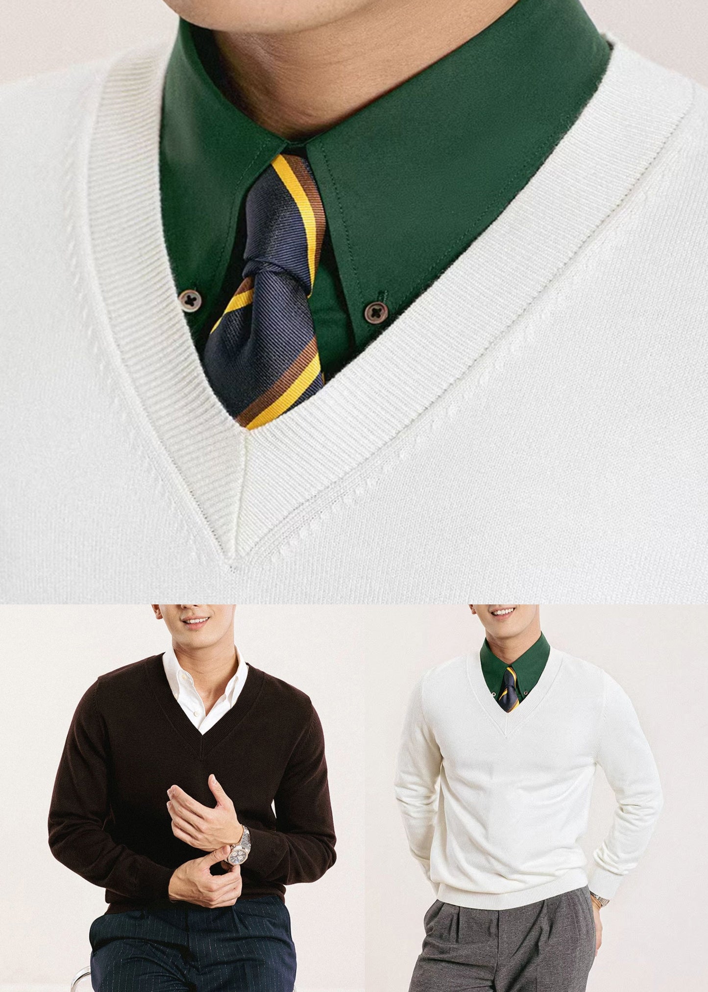 Slim Fit White V Neck Solid Knit Mens Sweater Fall