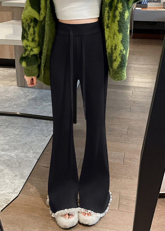 Slim Fit Wine Red Lace Elastic Waist Patchwork Knit Flared Trousers Fall