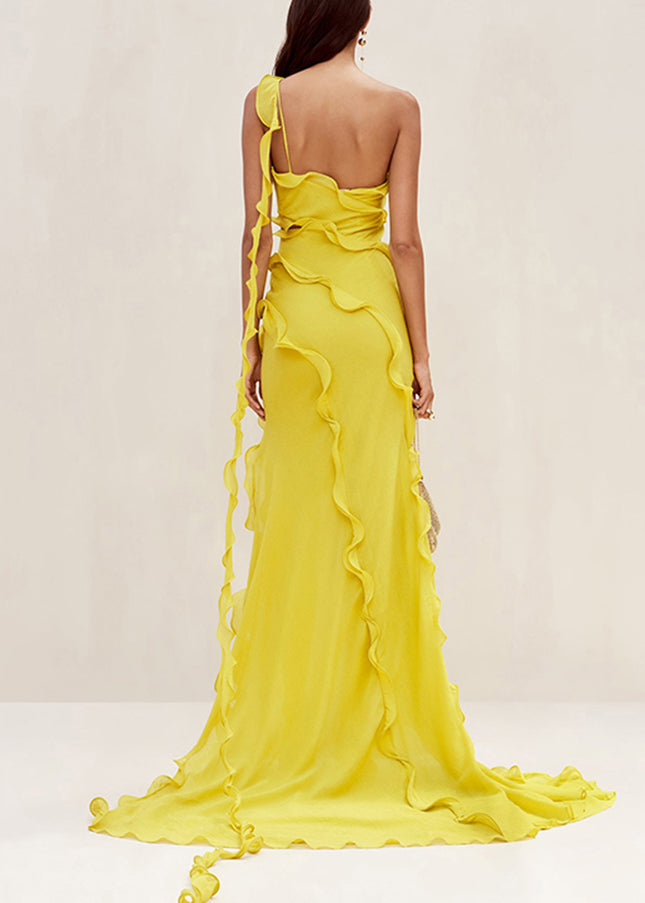 Slim Fit Yellow Asymmetrical Ruffled Hollow Out Long Dresses Sleeveless