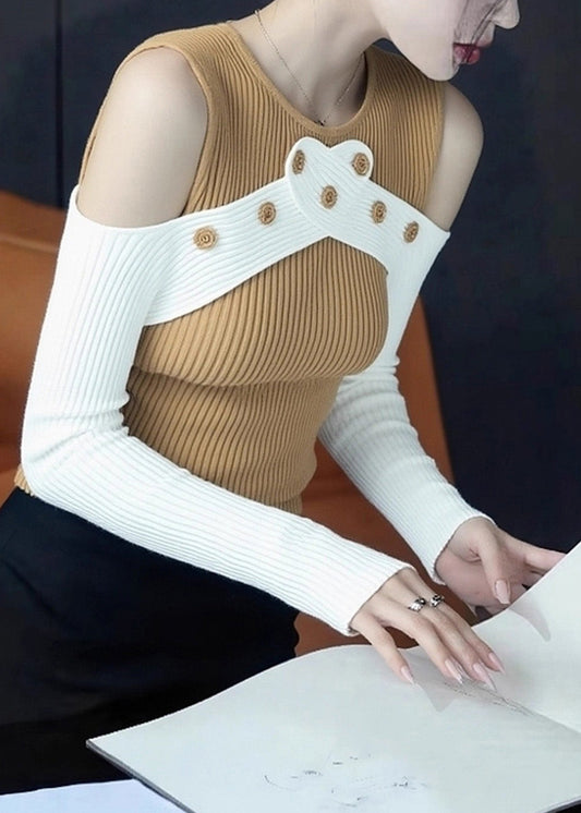 Slim Fit Yellow Cold Shoulder Patchwork Knit Sweaters Spring