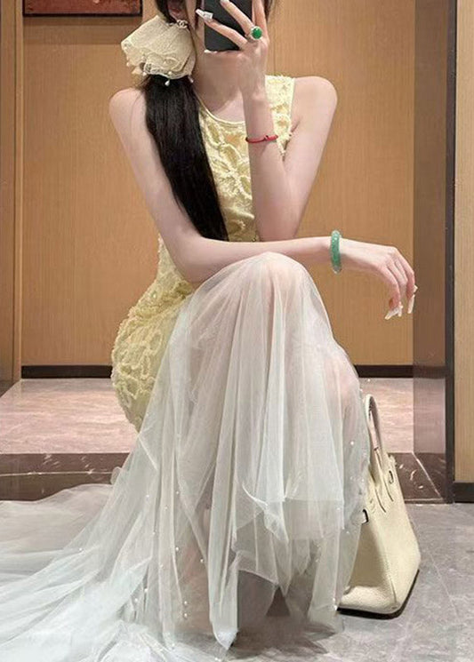 Slim Fit Yellow O-Neck Tulle Patchwork Lace Long Dresses Sleeveless