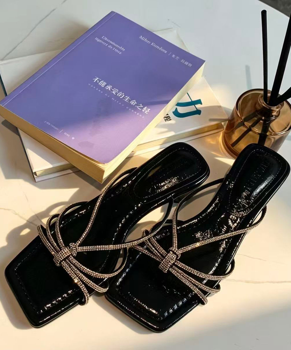 Soft Chunky Black Rhinestone Faux Leather Slide Sandals
