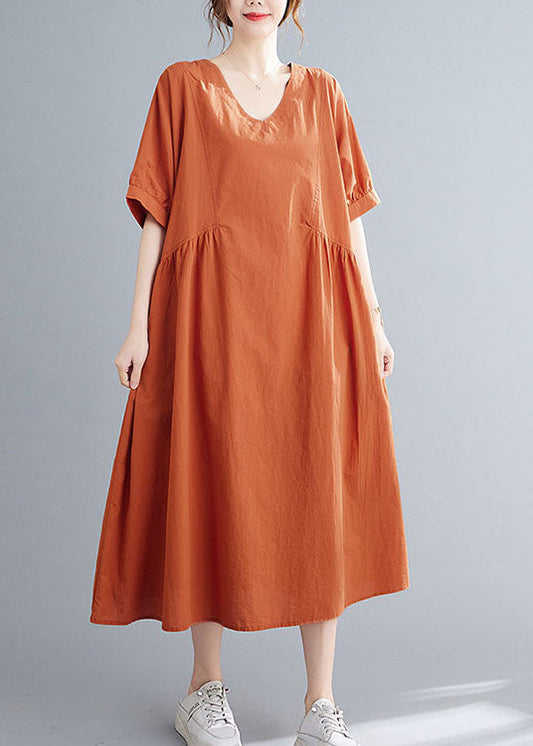 Solid Orange Patchwork Cotton Holiday Dress Wrinkled Short Sleeve
