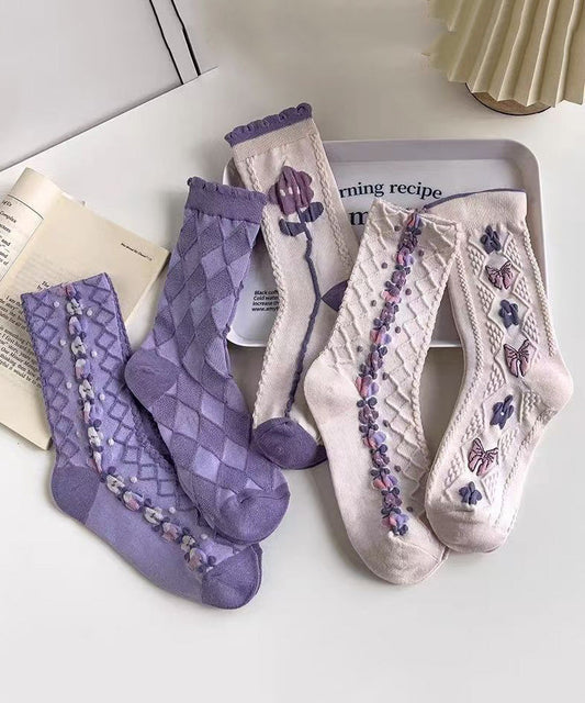 Spring Purple Jacquard Cozy Breathable Crew Socks