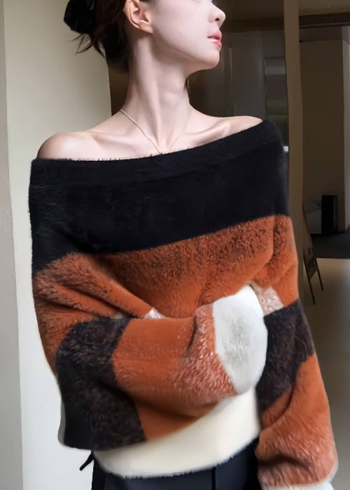 Striped Cozy Patchwork Knit Sweater Slash Neck