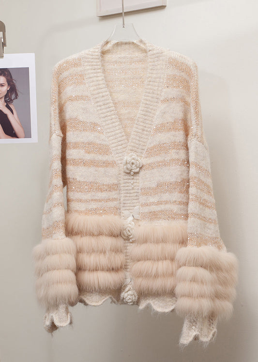 Striped Grey Floral Fox Fur Patchwork Knit Cardigans Winter