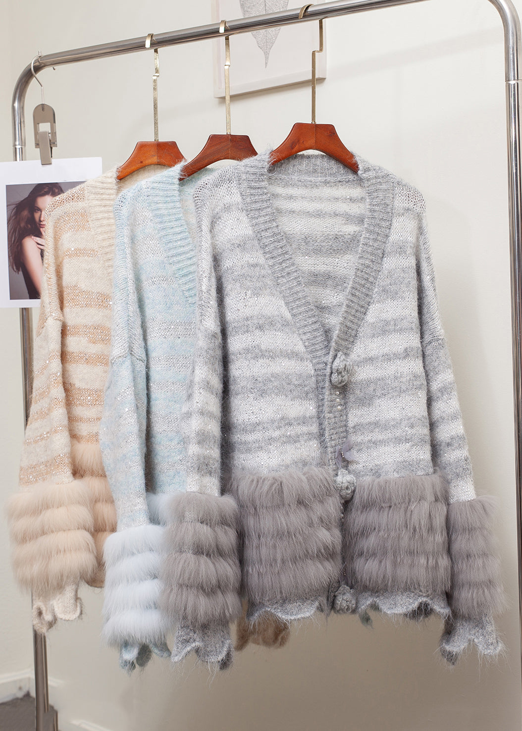 Striped Grey Floral Fox Fur Patchwork Knit Cardigans Winter