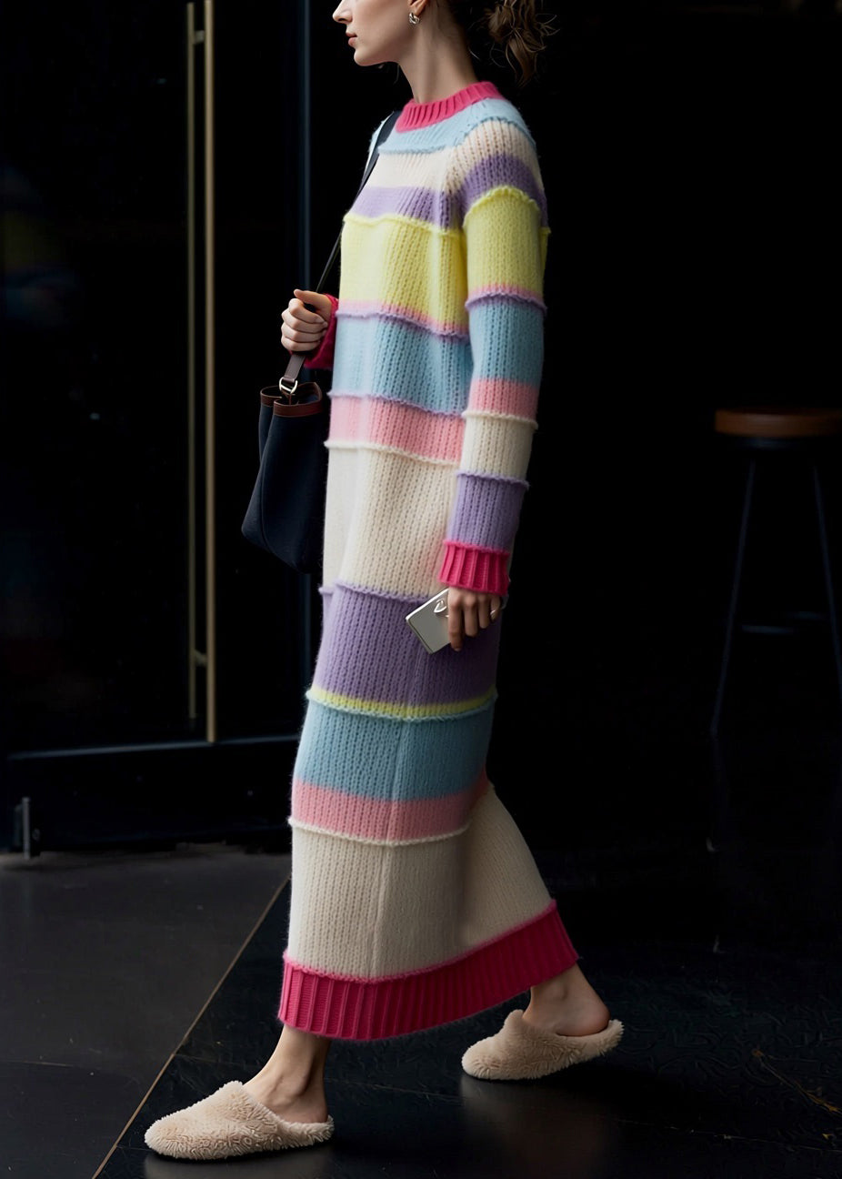 Striped Hollow Out Cozy Patchwork Knit Sweater Dress Spring