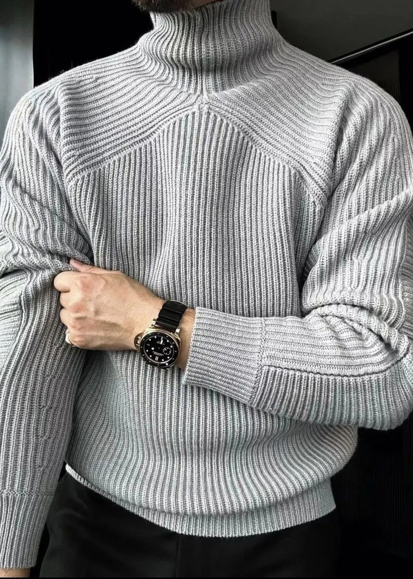 Striped Light Grey Turtleneck Solid Knit Men Sweaters Winter