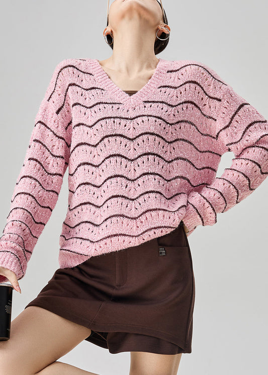 Striped Pink V Neck Hollow Out Knit Sweater Fall