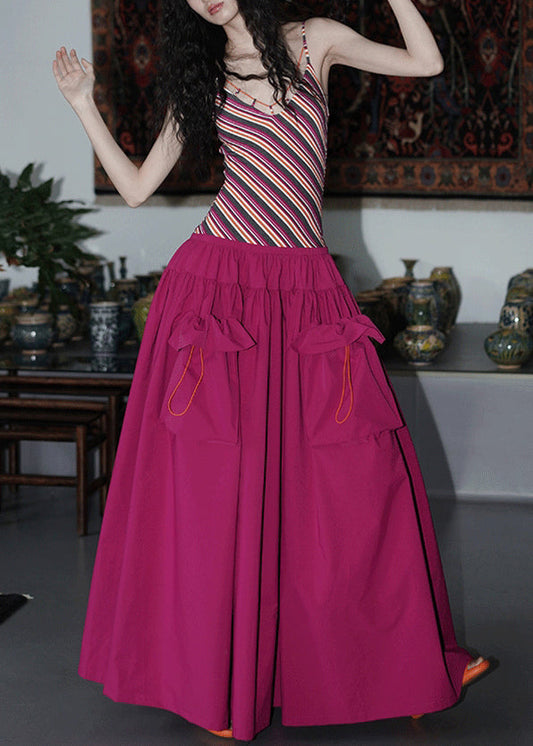 Striped Rose Wrinkled False Two Pieces Patchwork Cotton Long Dresses Sleeveless