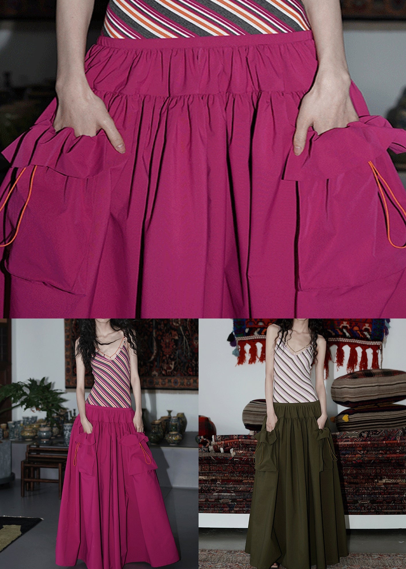 Striped Rose Wrinkled False Two Pieces Patchwork Cotton Long Dresses Sleeveless