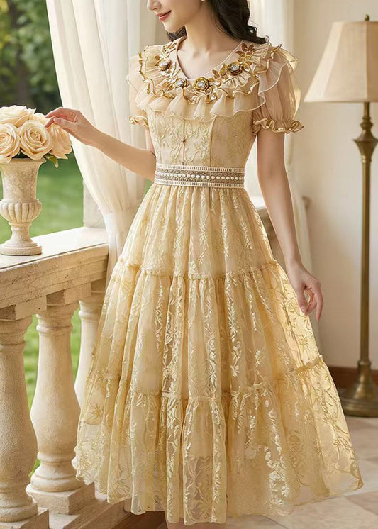 Style Apricot Ruffled Jacquard Tulle Maxi Dresses Summer