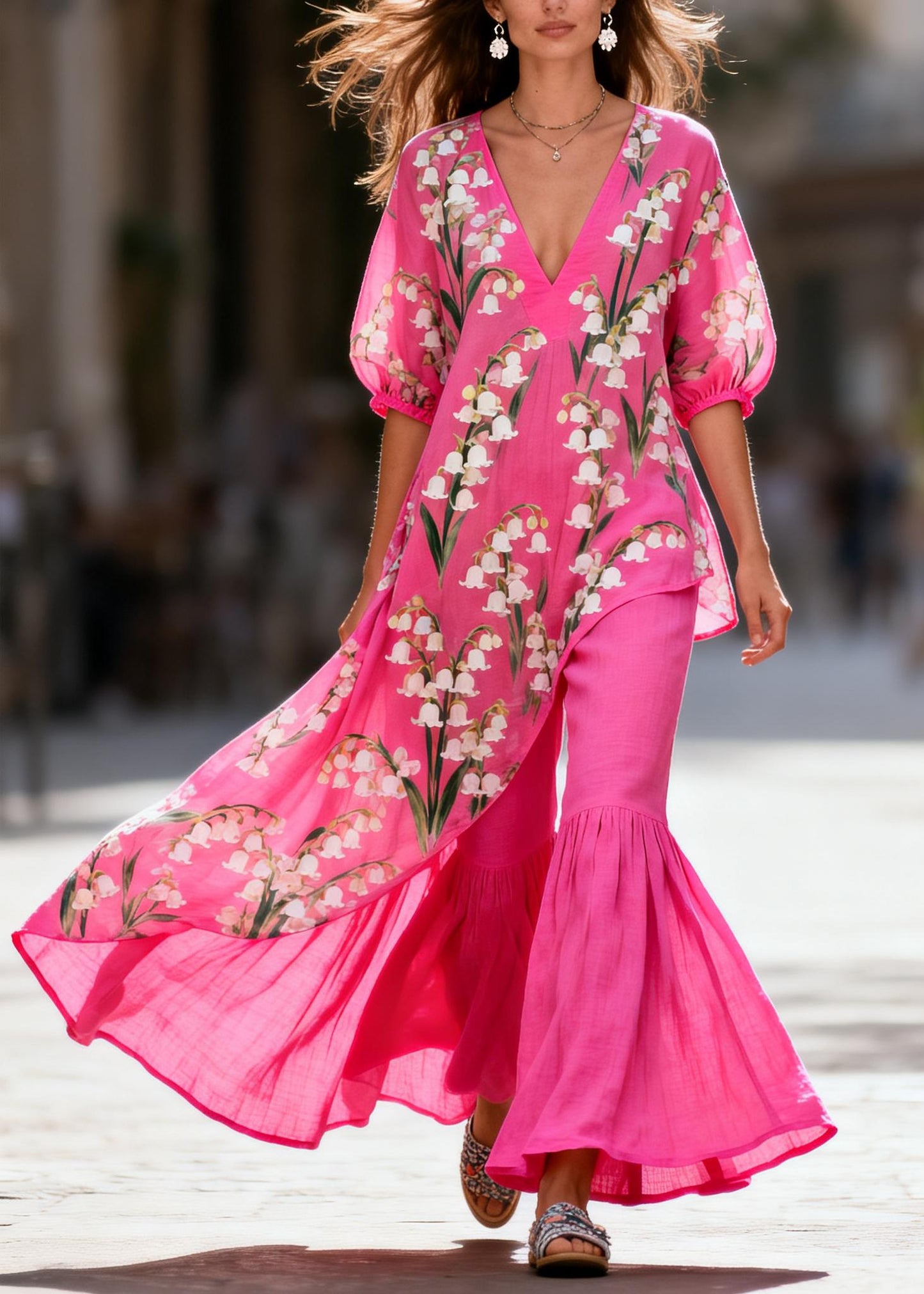 Style Asymmetrical Print Top And Pants Cotton Two Pieces Set Summer