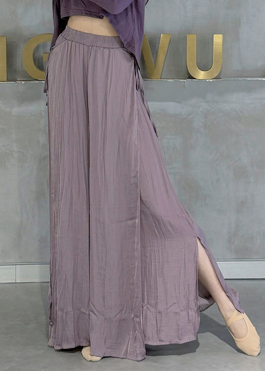 Style Beige Elastic Waist Side Open Cotton Wide Leg Pants Skirt Spring