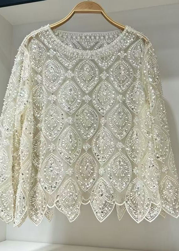 Style Beige Embroidered Nail Bead Tulle Tops Summer