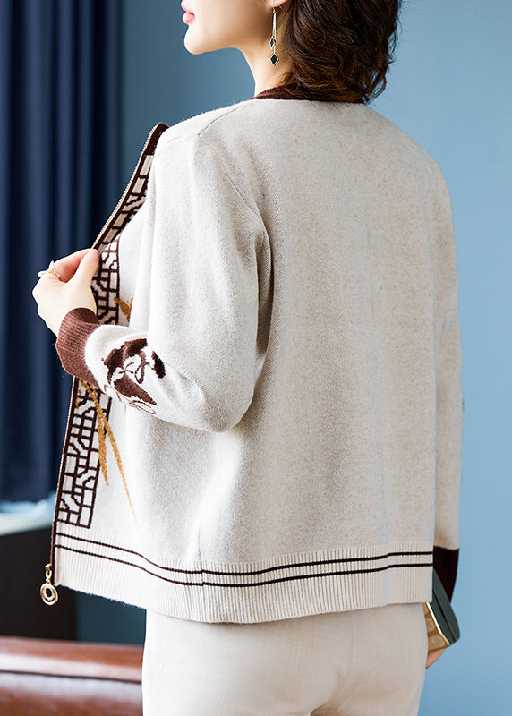 Style Beige Patchwork Cotton Knit Coats Fall