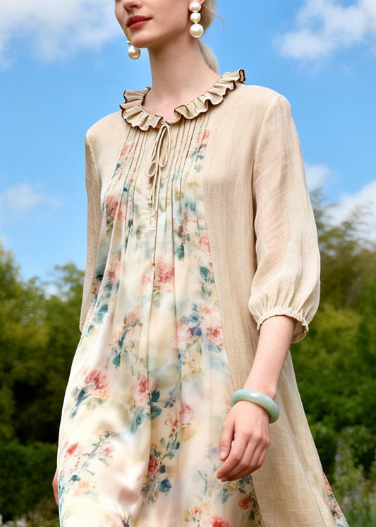 Style Beige Ruffled Patchwork Print Chiffon Long Dresses Summer
