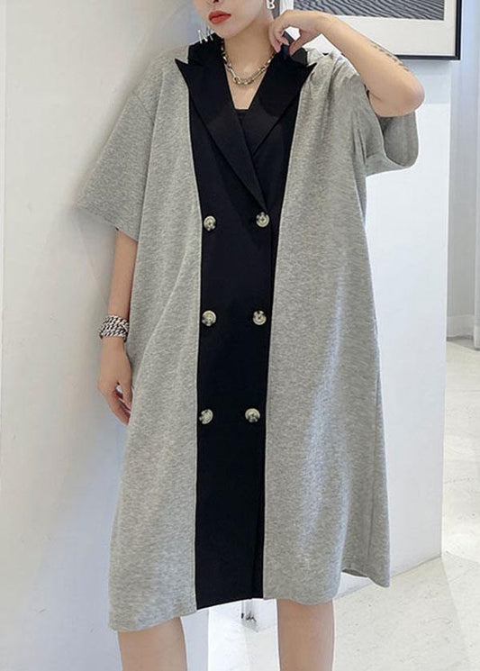 Style Black Button Patchwork Summer Short Sleeve Dress - SooLinen