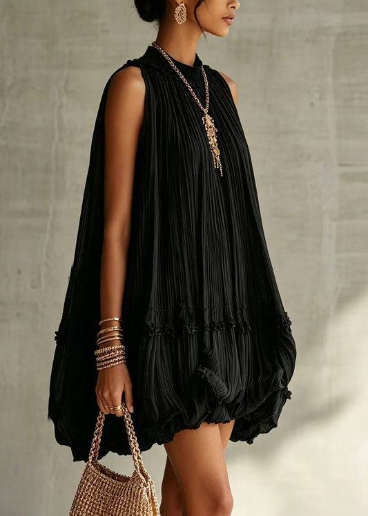 Style Black Halter Wrinkled Wide Swing Dress Sleeveless