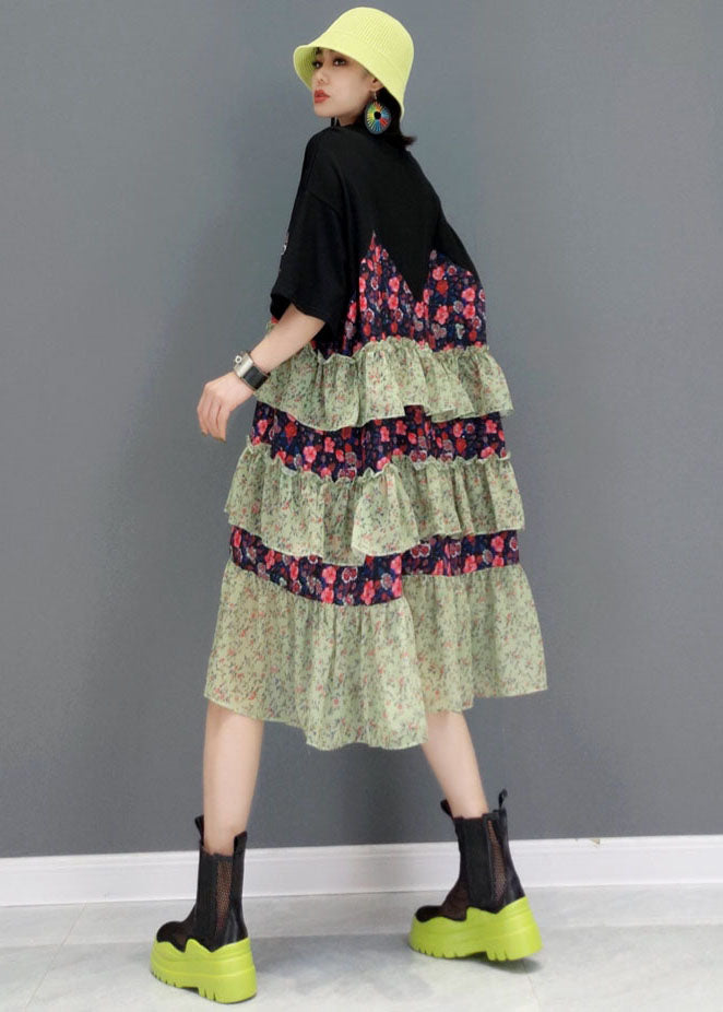 Style Black O-Neck Layered Patchwork Ruffles Cotton Robe Dresses Short Sleeve