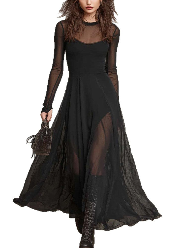 Style Black O Neck Patchwork Exra Large Hem Chiffon Dress Summer