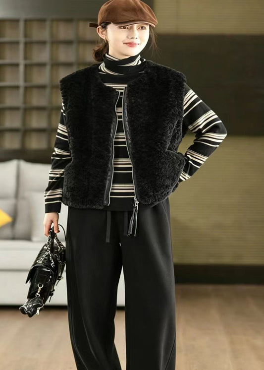 Style Black O-Neck Zip Up Teddy Faux Fur Waistcoat Winter
