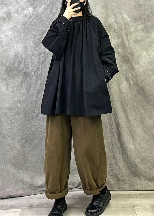 Style Black Stand Collar Cotton Loose Shirts Fall