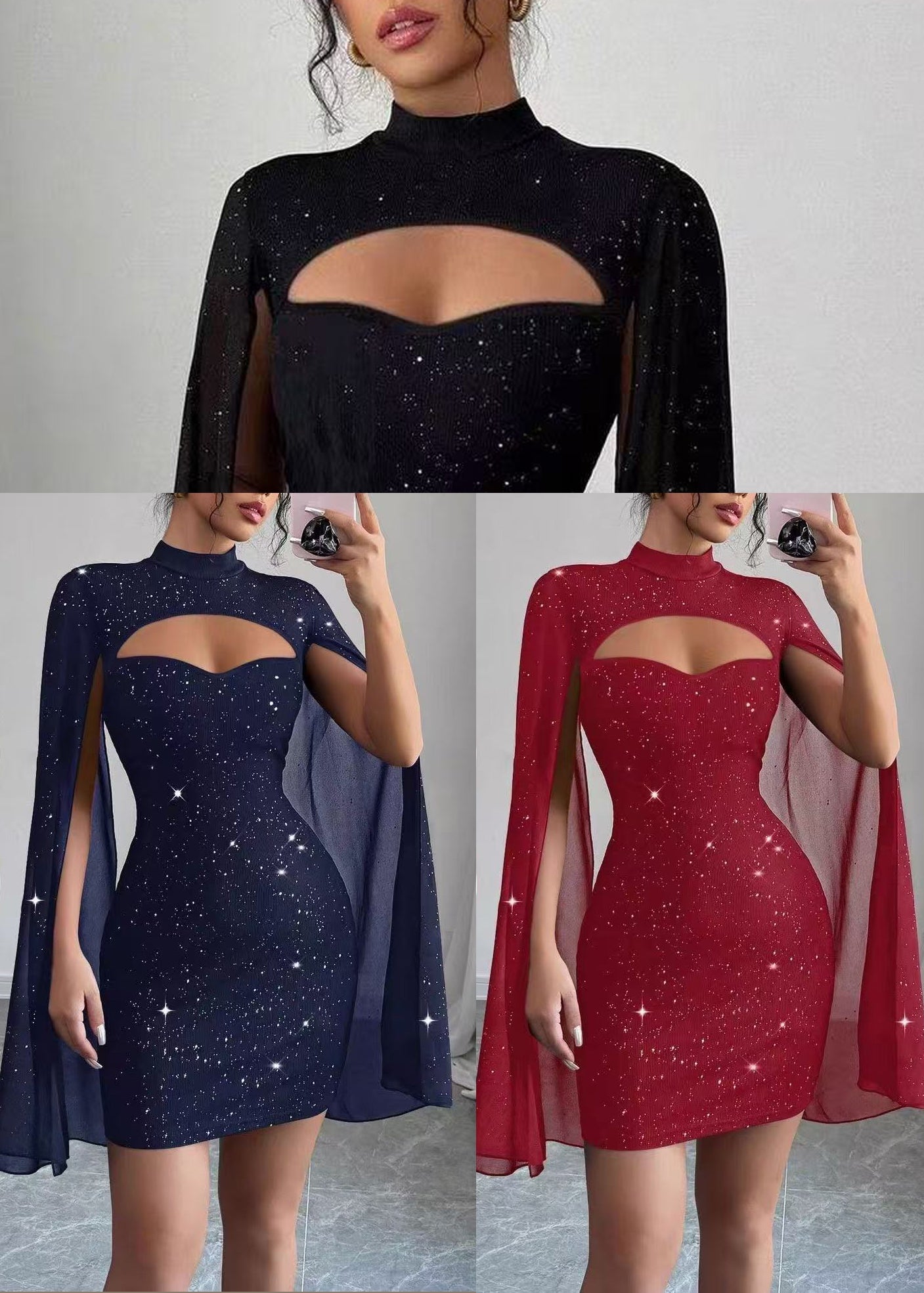 Style Black Stand Collar Sequins Party Dresses Cloak Sleeves
