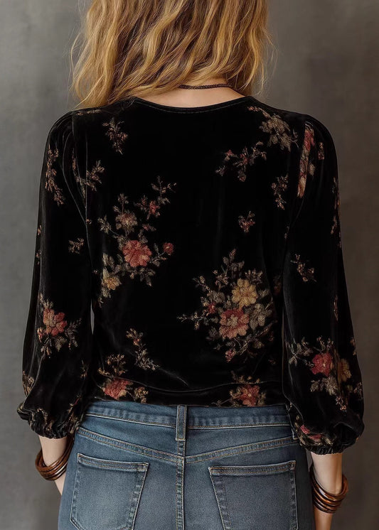 Style Black V Neck Ruffled Print Velour Shirt Top Spring