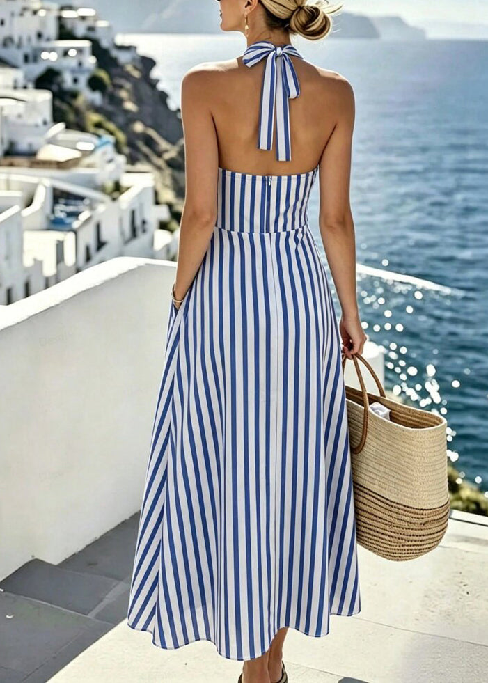 Style Blue Backless Striped Cotton Hatle Dresses Summer