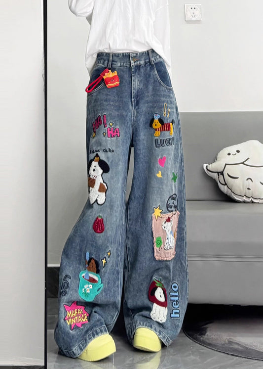 Style Blue Embroidered Patchwork Dog Applique Denim Straight Pants Spring