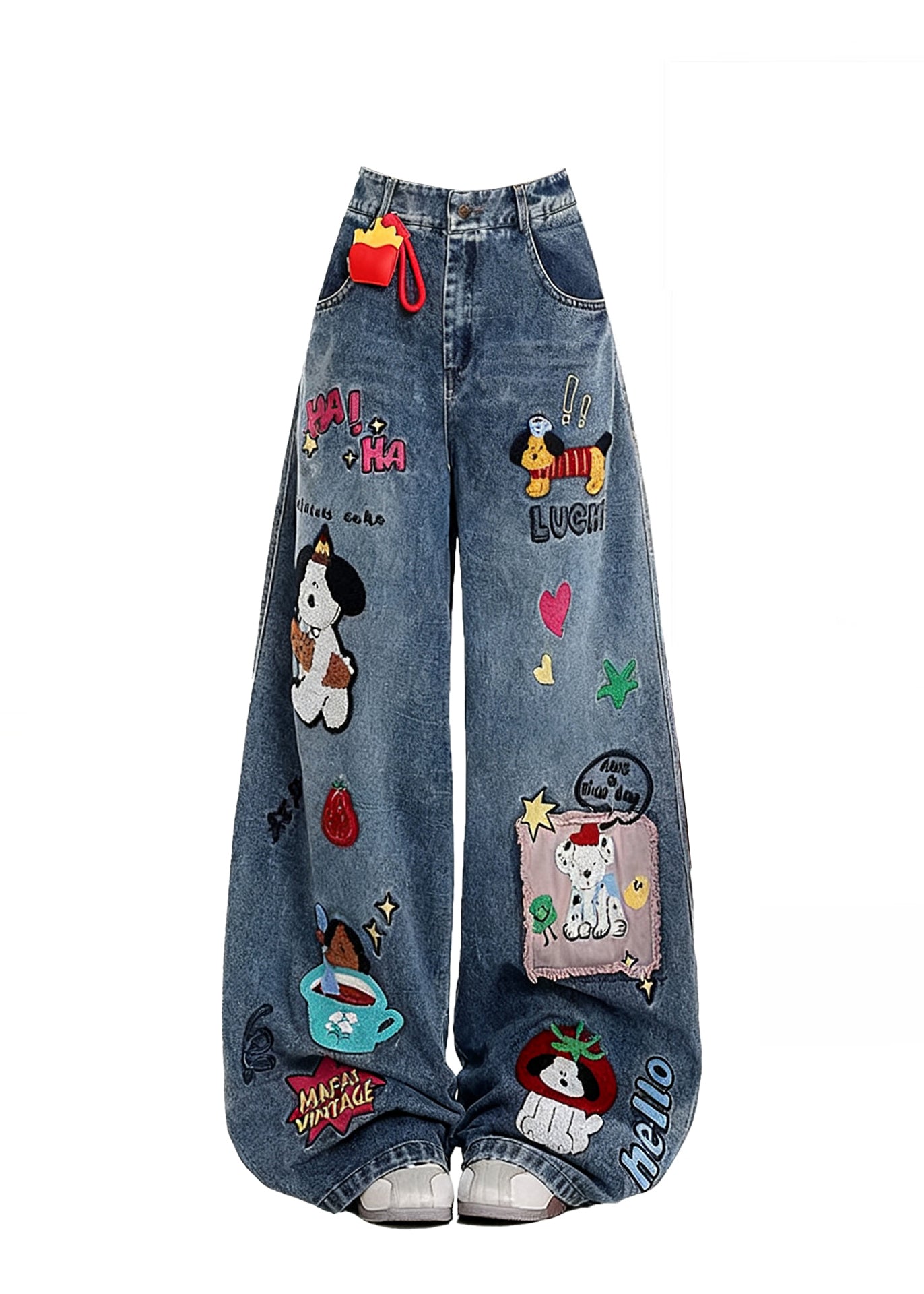 Style Blue Embroidered Patchwork Dog Applique Denim Straight Pants Spring