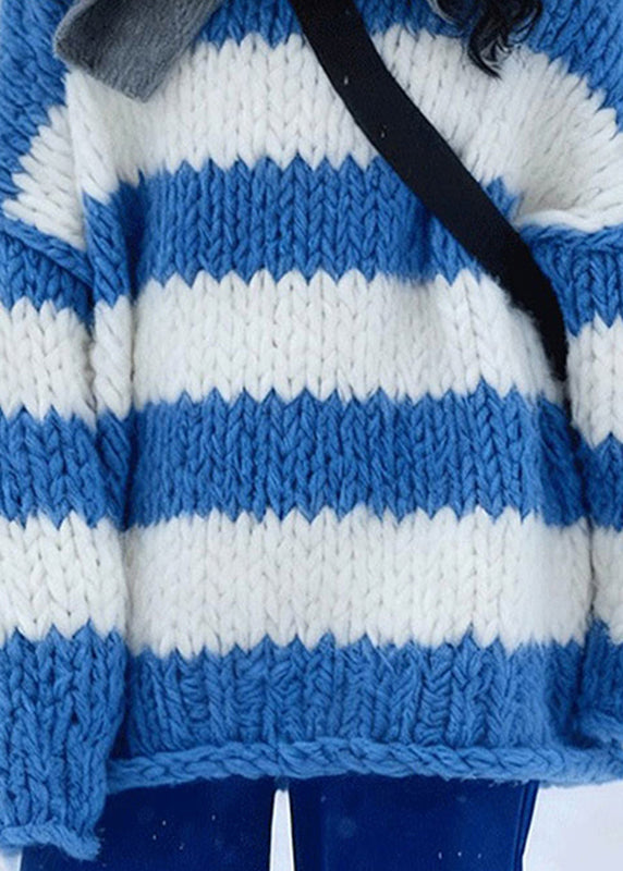 Style Blue O-Neck Cozy Striped Cotton Knit Sweater Long Sleeve