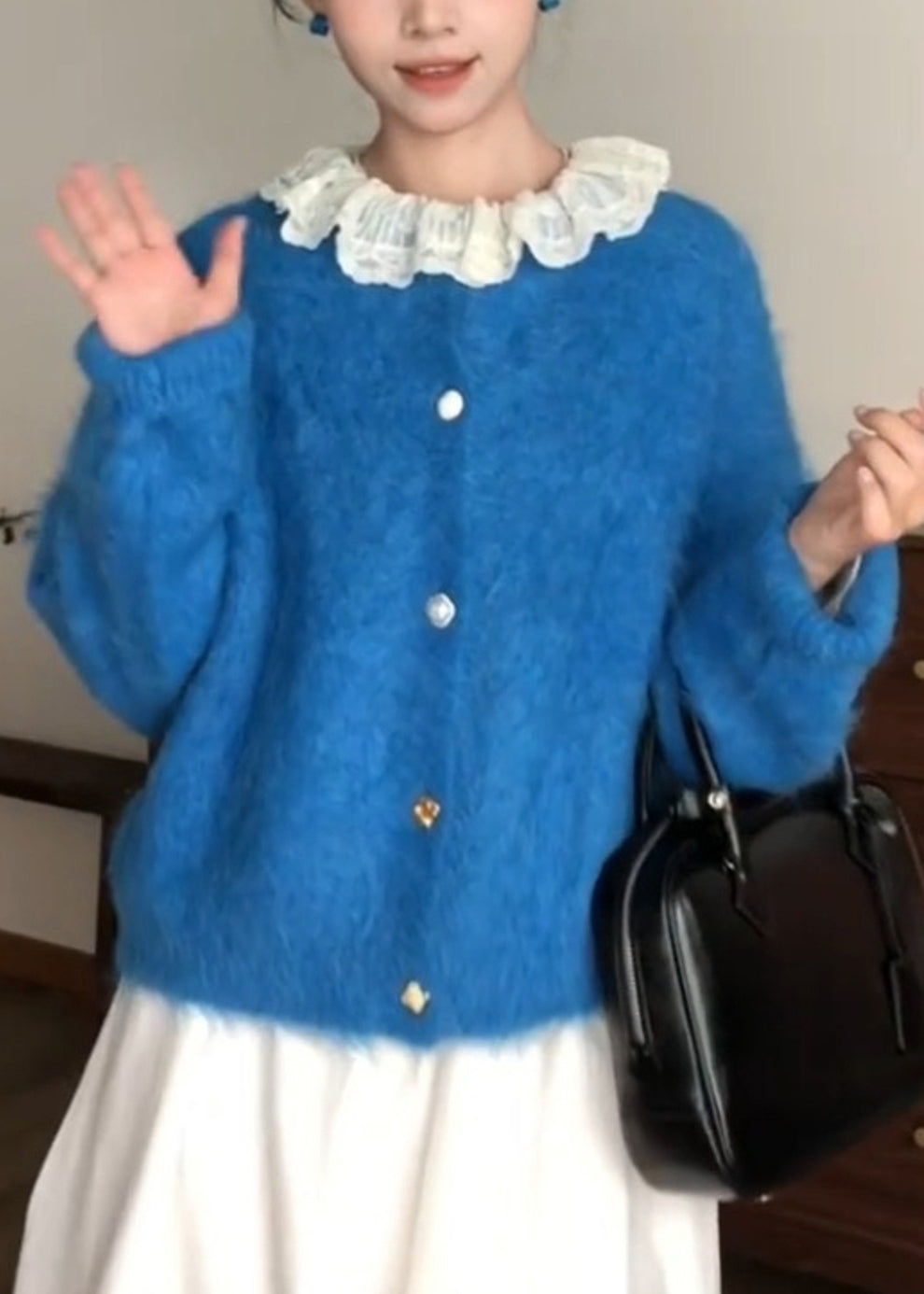 Style Blue O-Neck Patchwork Button Ma Hai Mao Cotton Knit Cardigans Spring