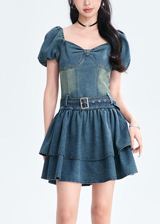Style Blue Patchwork Sashes Denim Mid Dress Summer