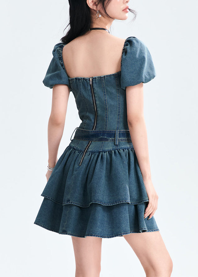 Style Blue Patchwork Sashes Denim Mid Dress Summer