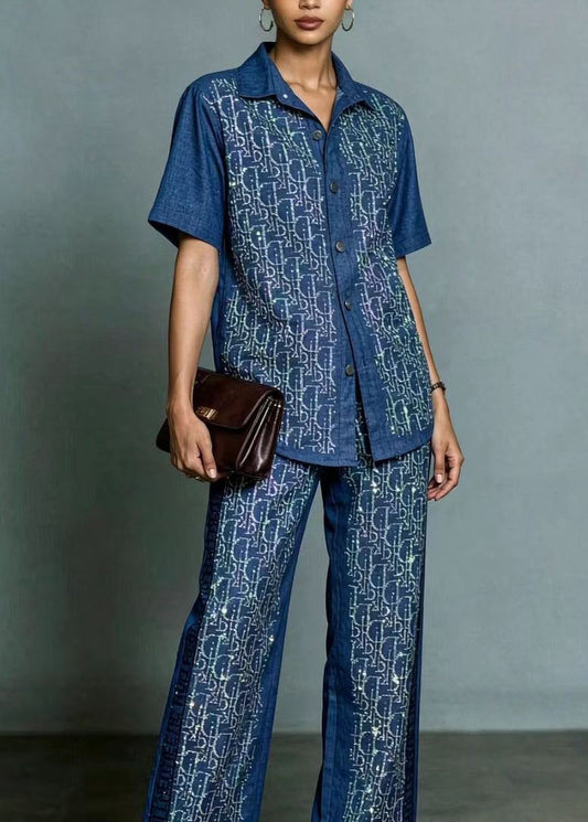 Style Blue Peter Pan Collar Top And Pants Zircon Denim Two Pieces Set Summer