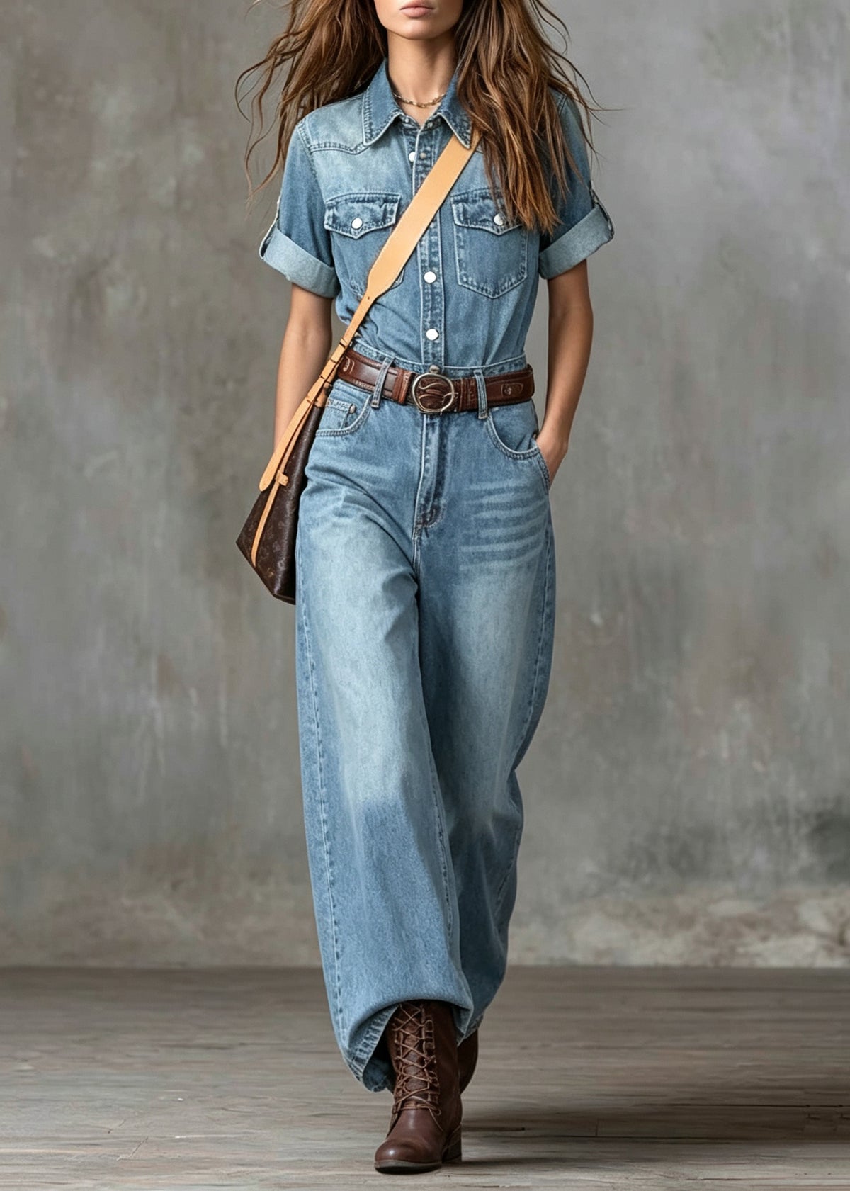 Style Blue Pockets Denim Overalls Jumpsuit Fall