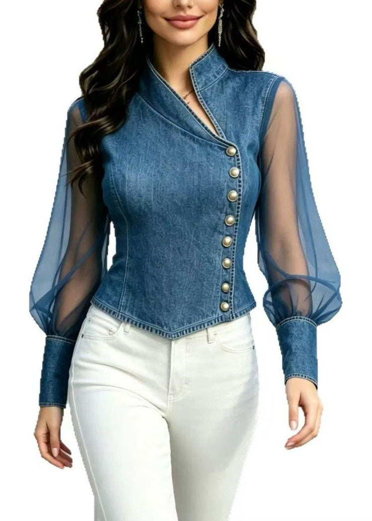 Style Blue Stand Collar Tulle Patchwork Denim Blouse Top Summer