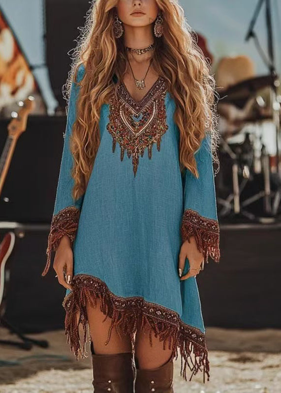 Style Blue Tasseled Print Cotton Holiday Dress Spring