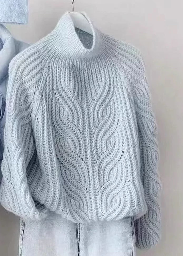 Style Blue Turtleneck Cozy Cotton Knit Cable Knit Sweaters Lantern Sleeve