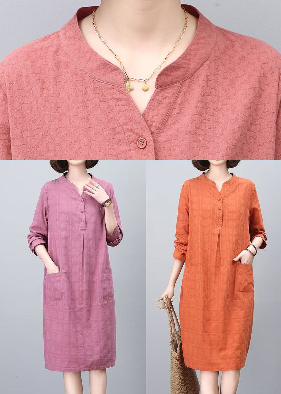 Style Brick Red Pockets Cotton Tea Dress Spring