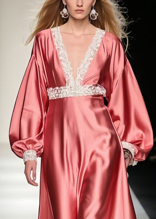 Style Brick Red V Neck Patchwork Lace Long Dress Lantern Sleeve