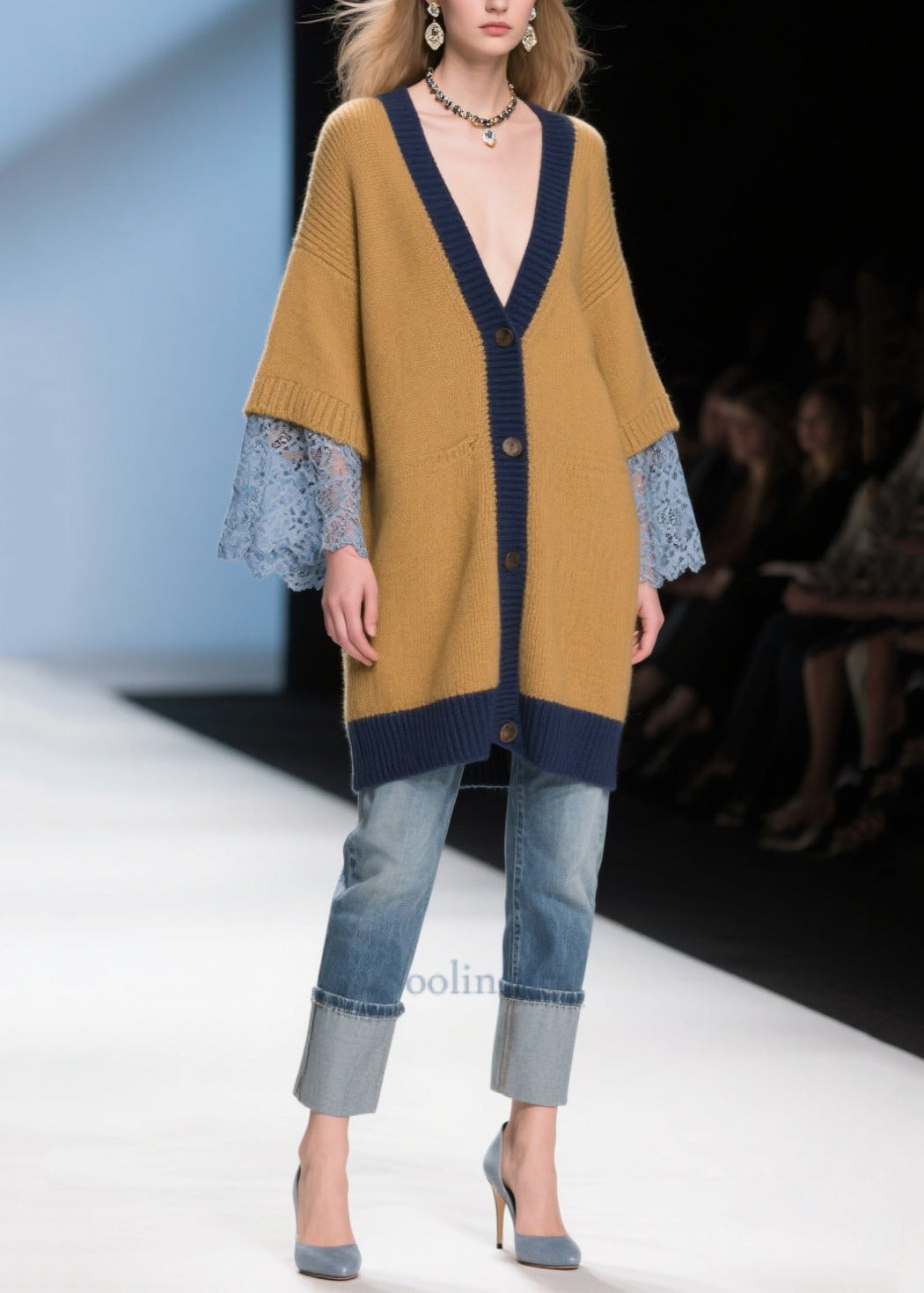 Style Brown Oversized Patchwork Lace Knit Long Cardigan Winter