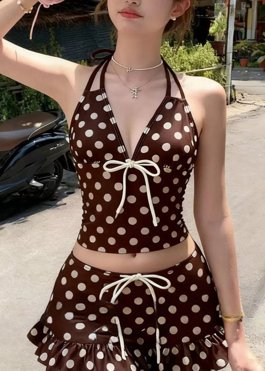 Style Brown Print Ruffled Bow Swimwear Two Piece Set